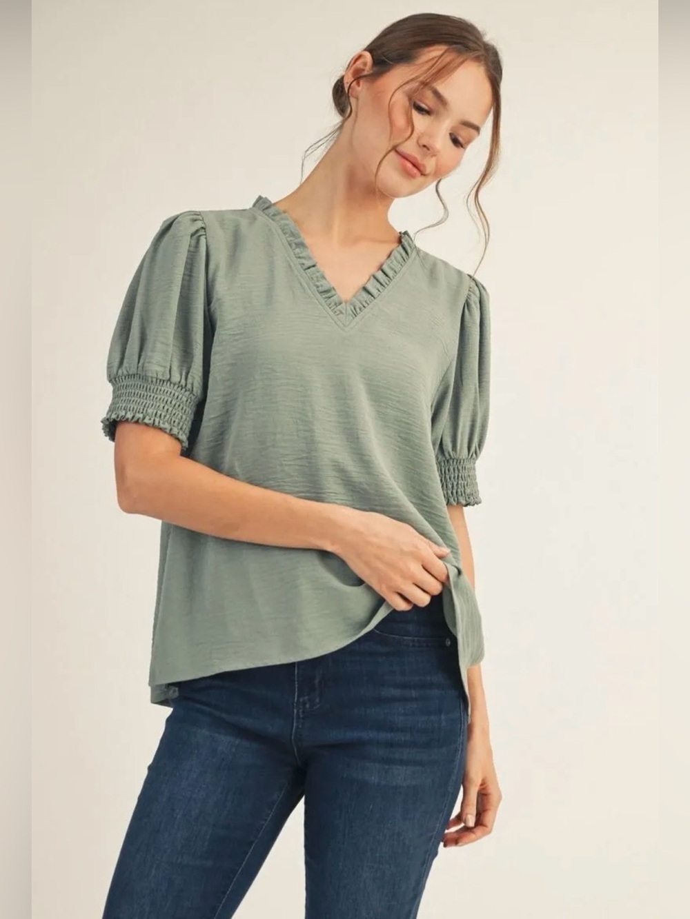 JODIFL Sage Green Ruffle V-Neck Puff Sleeve Top
